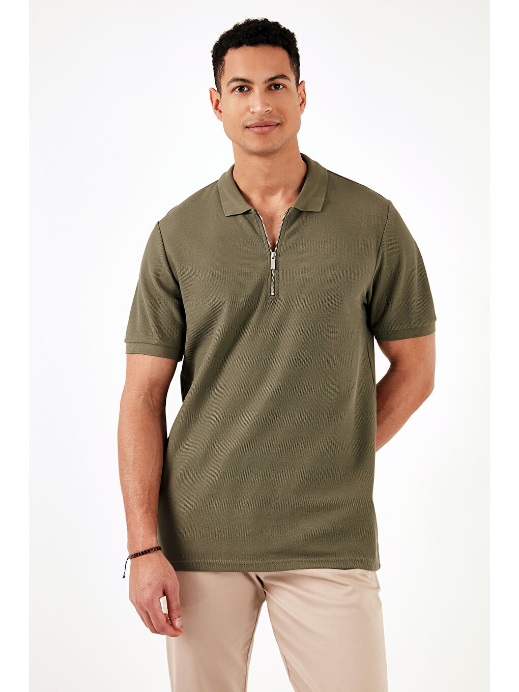 Haki Pamuklu Regular Fit Yarım Fermuarlı 3'lü Paket Polo Yaka %100 Pamuk Tişört 5902434S3-3