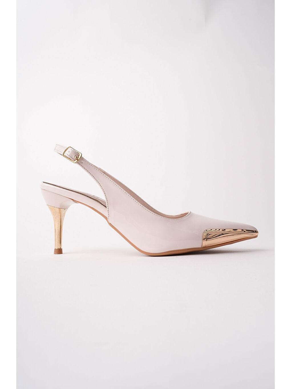 Bej ZENİTH Metal Burun Detaylı Sivri Burun Arkası Açık Kadın Topuklu Ayakkabı-1