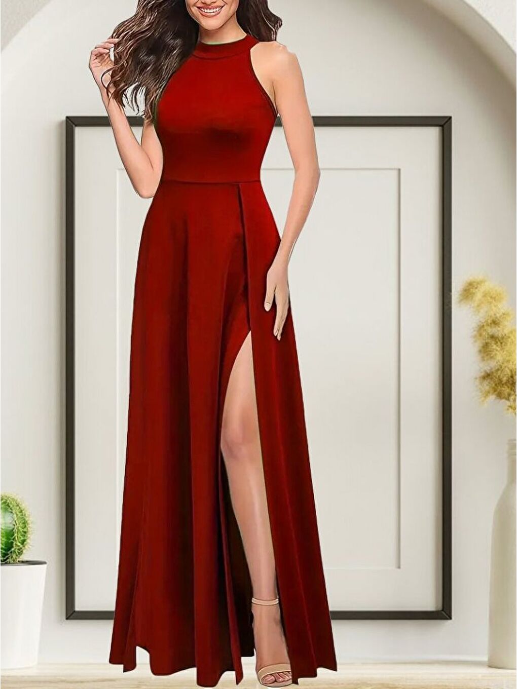 Kırmızı Kadınhalter Yaka Derin Yırtmaç Detaylı Tam Boy Ithal Krep Abiye Elbise-2