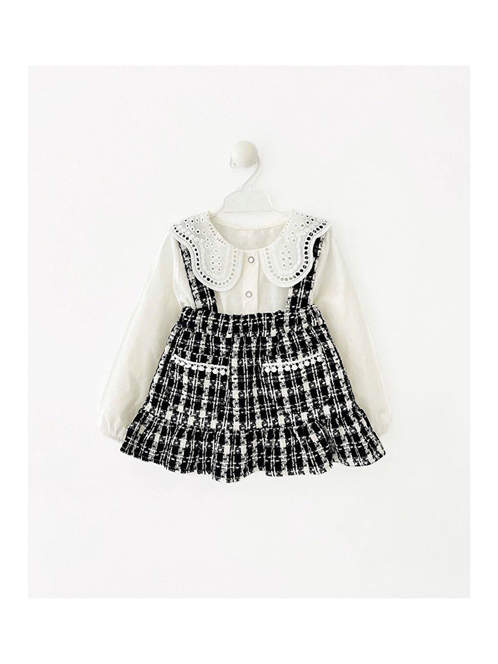 Karışık Kız Çocuk Gömlekli Yakası Dantelli Salopet Tüvit Elbise