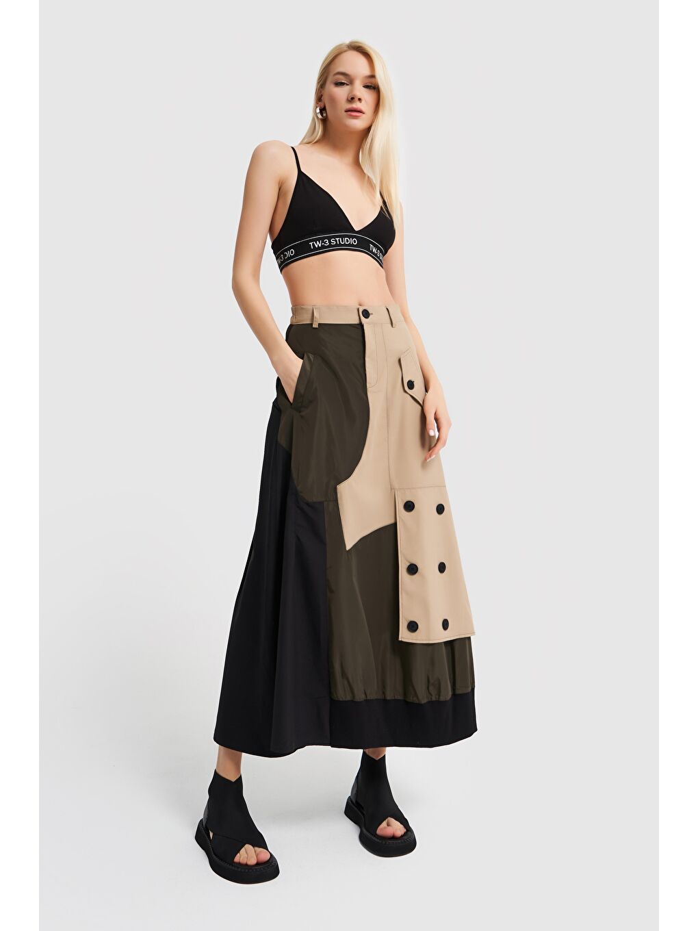 Kadın Haki Bej Parçalı Tasarım Etek-1