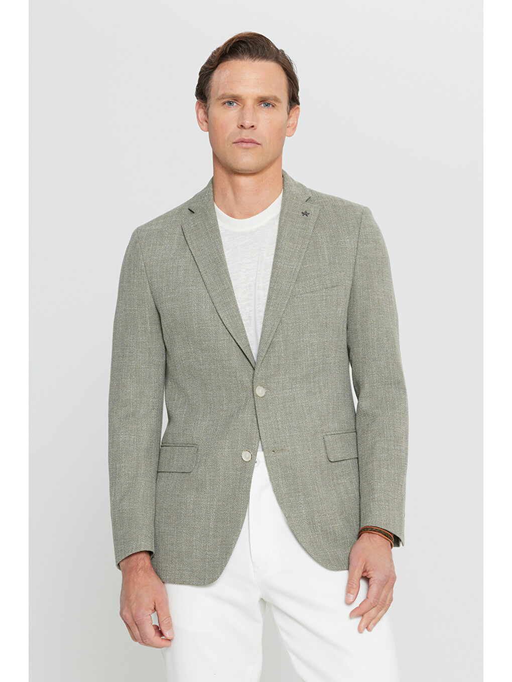 Erkek Haki Pamuklu Slim Fit Dar Kesim Mono Yaka Armürlü Kapak Cepli Blazer Ceket-4