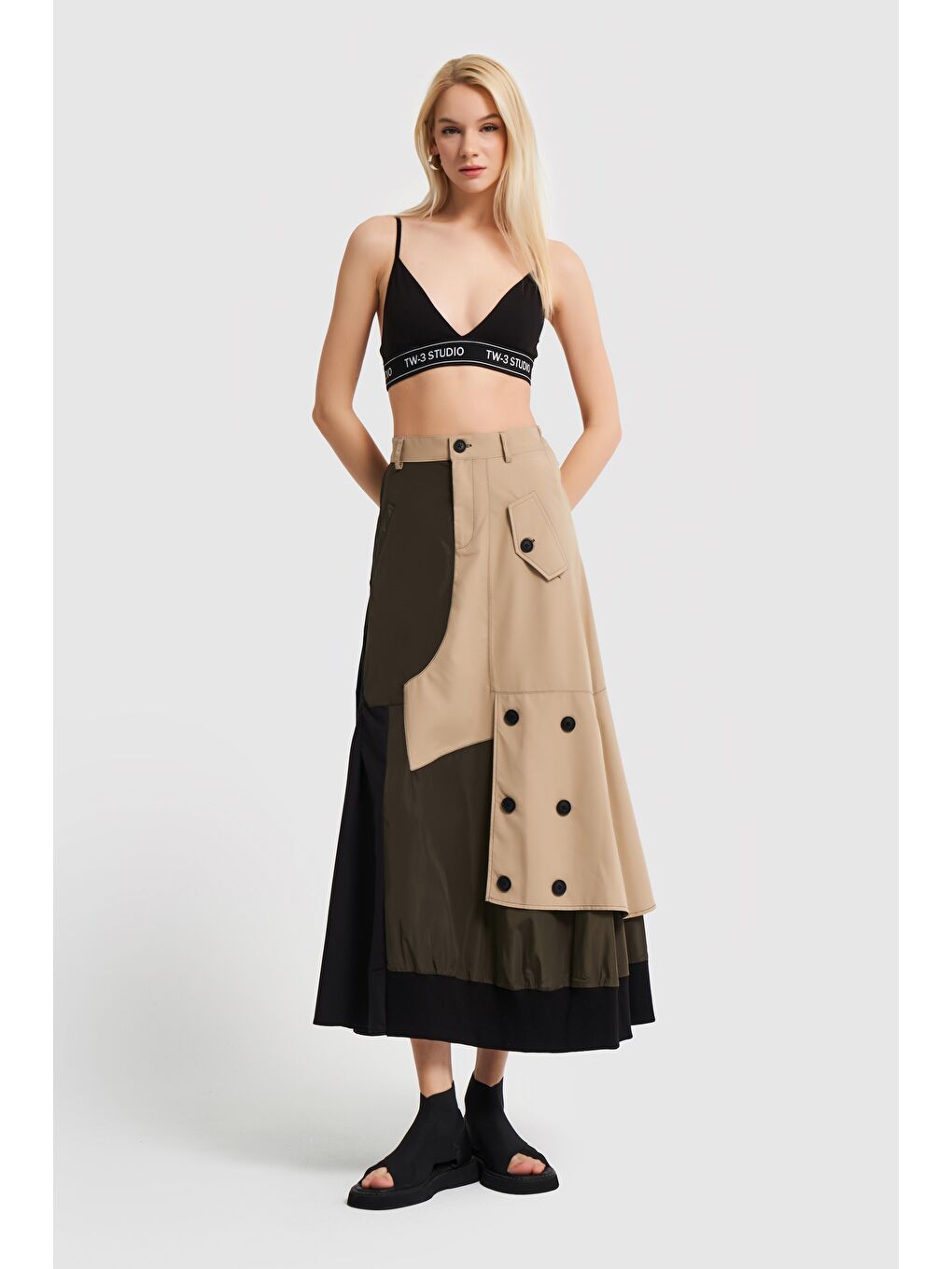 Kadın Haki Bej Parçalı Tasarım Etek-2