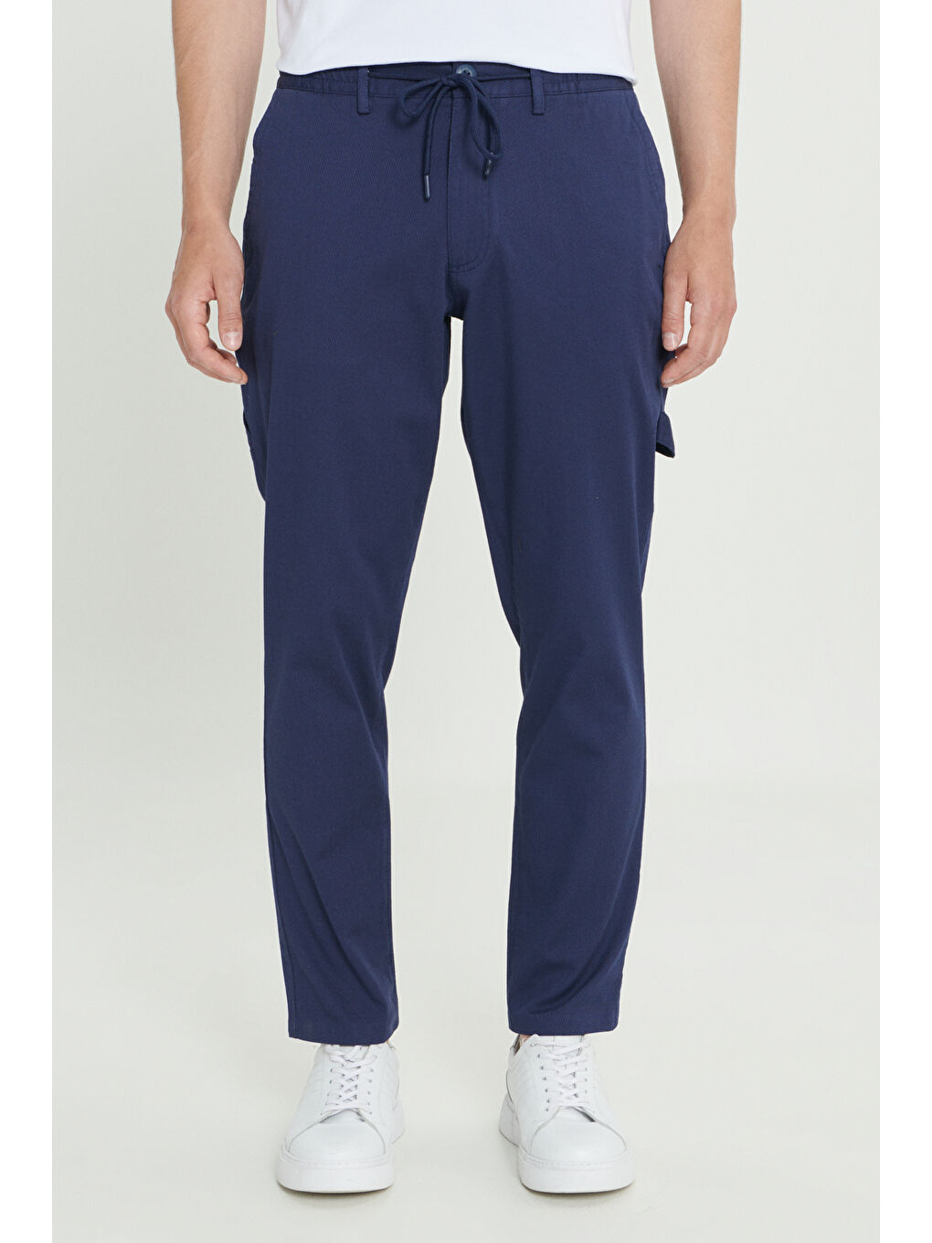 Erkek Lacivert Oversize Bol Kesim Beli Bağlamalı Pamuklu Esnek Armürlü Yan Cepli Pantolon-1