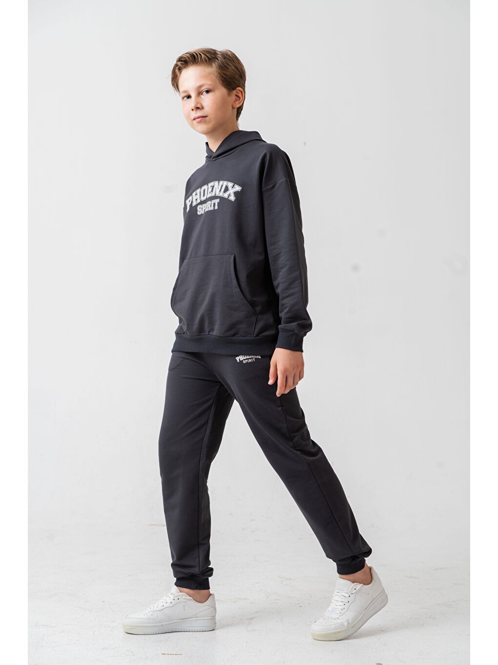 Gri Phoenix Spirit Baskılı Kanguru Cepli Erkek Çocuk Alt Üst Eşofman Takımı-1