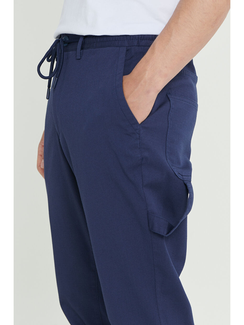 Erkek Lacivert Oversize Bol Kesim Beli Bağlamalı Pamuklu Esnek Armürlü Yan Cepli Pantolon-2
