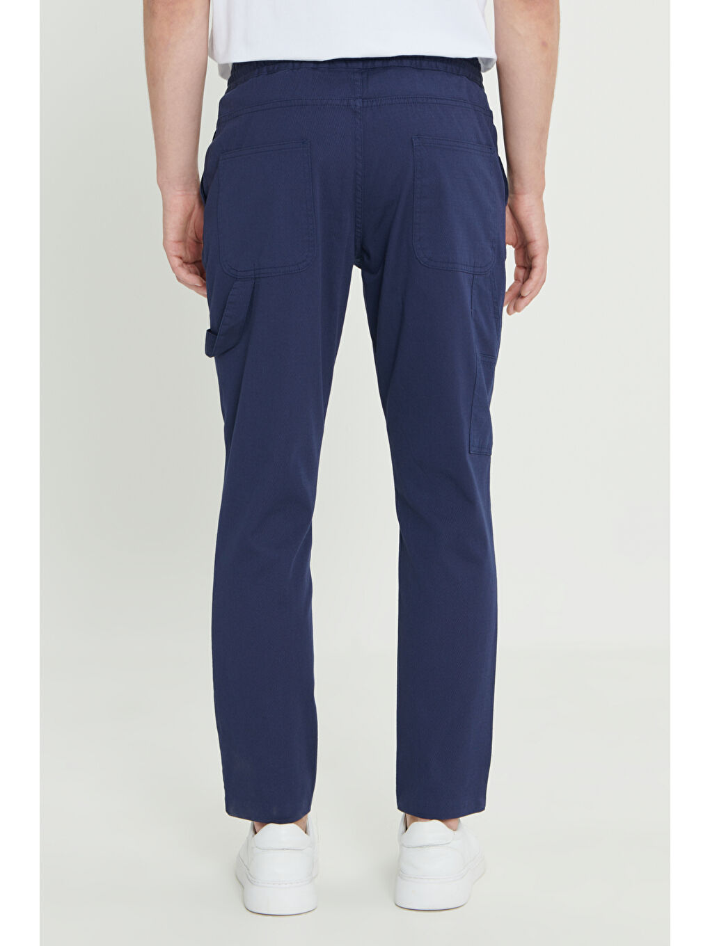 Erkek Lacivert Oversize Bol Kesim Beli Bağlamalı Pamuklu Esnek Armürlü Yan Cepli Pantolon-4