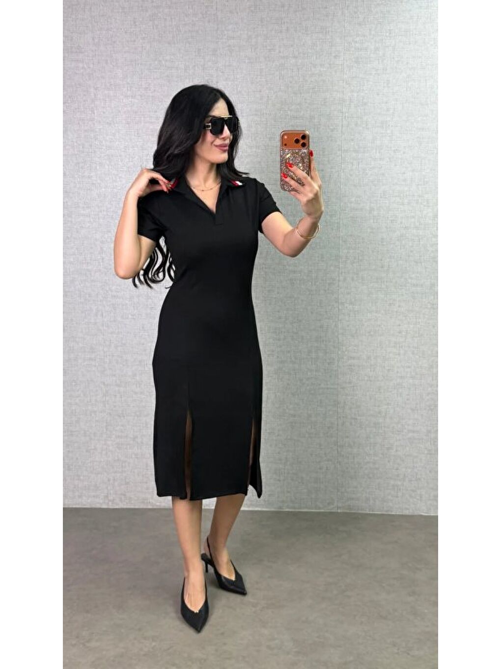 Siyah Kadın Polo Yaka çift Yırtmaç Detay Modal Kumaş Midi Boy Elbise-1