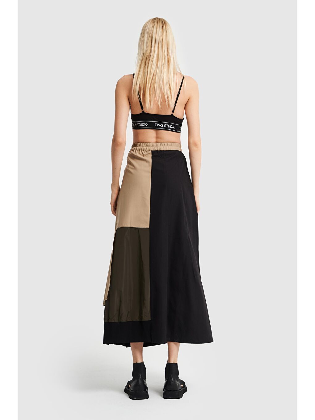 Kadın Haki Bej Parçalı Tasarım Etek-3