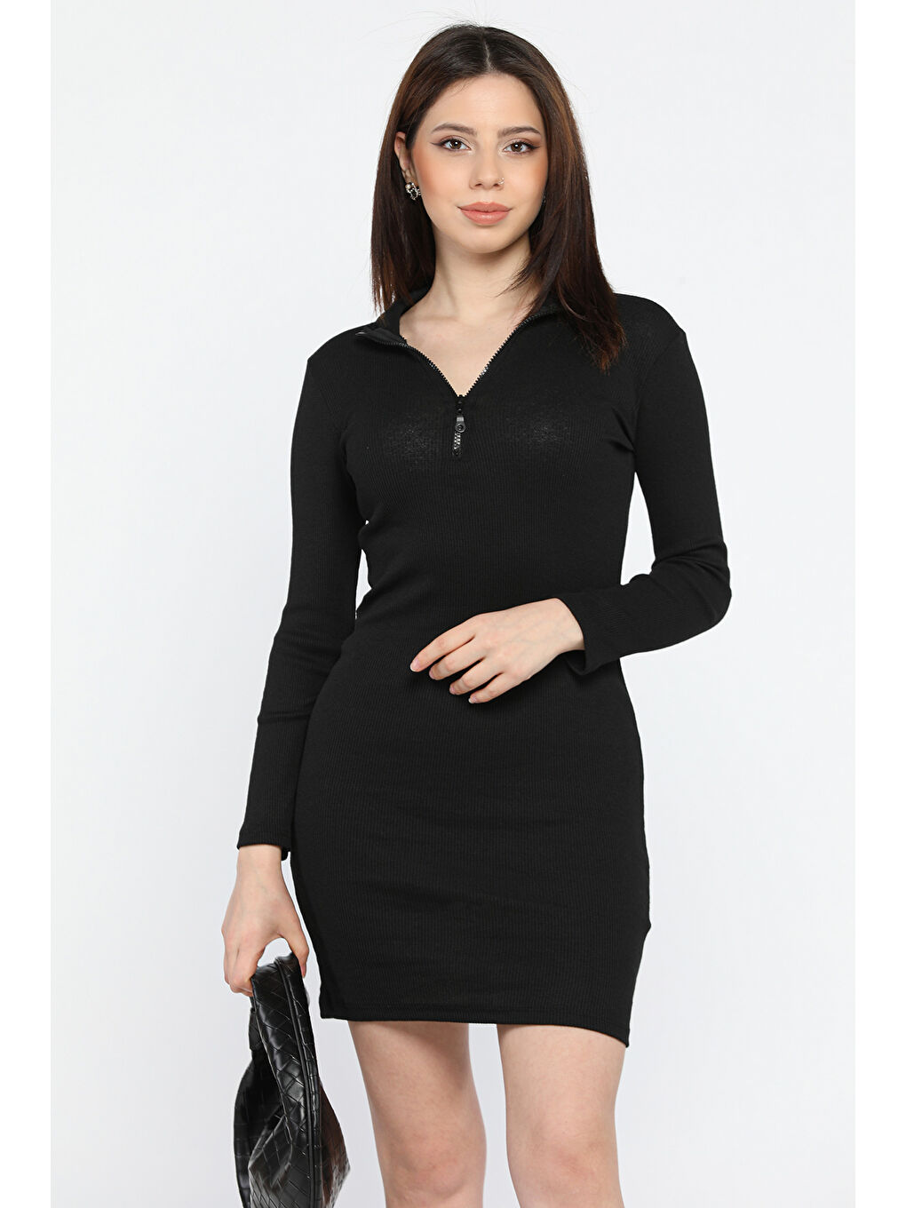 Siyah Yarım Fermuarlı Elastanlı Kadın Elbise