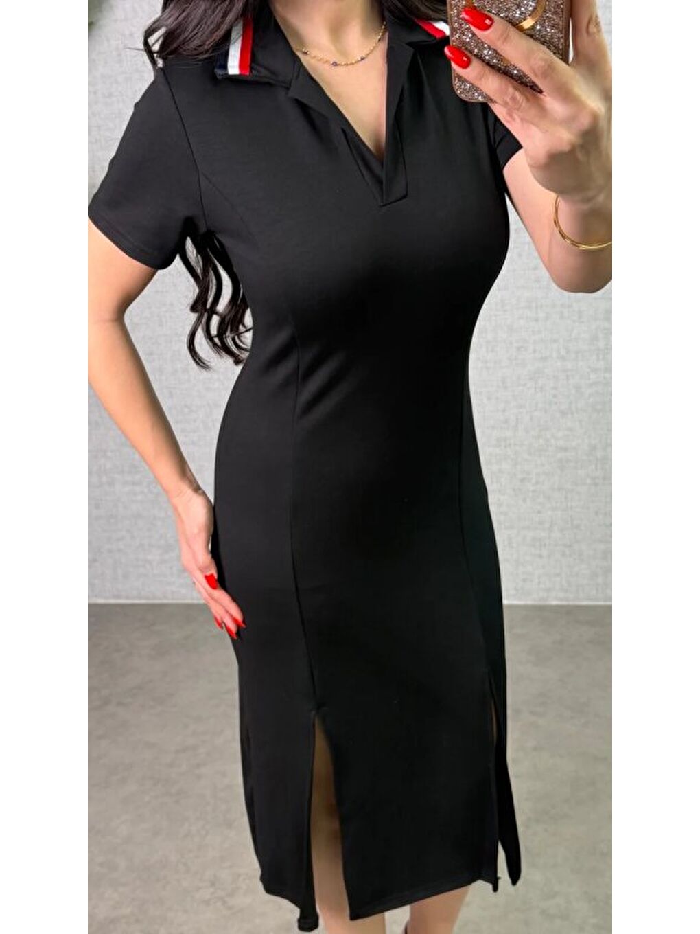 Siyah Kadın Polo Yaka çift Yırtmaç Detay Modal Kumaş Midi Boy Elbise-3
