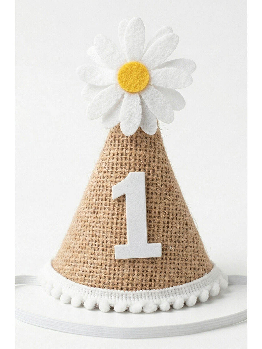 Bej 1 Yaş Papatya Temalı Hasır Huni Doğum Günü Tacı