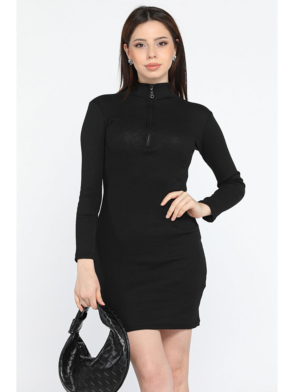 Siyah Yarım Fermuarlı Elastanlı Kadın Elbise-1
