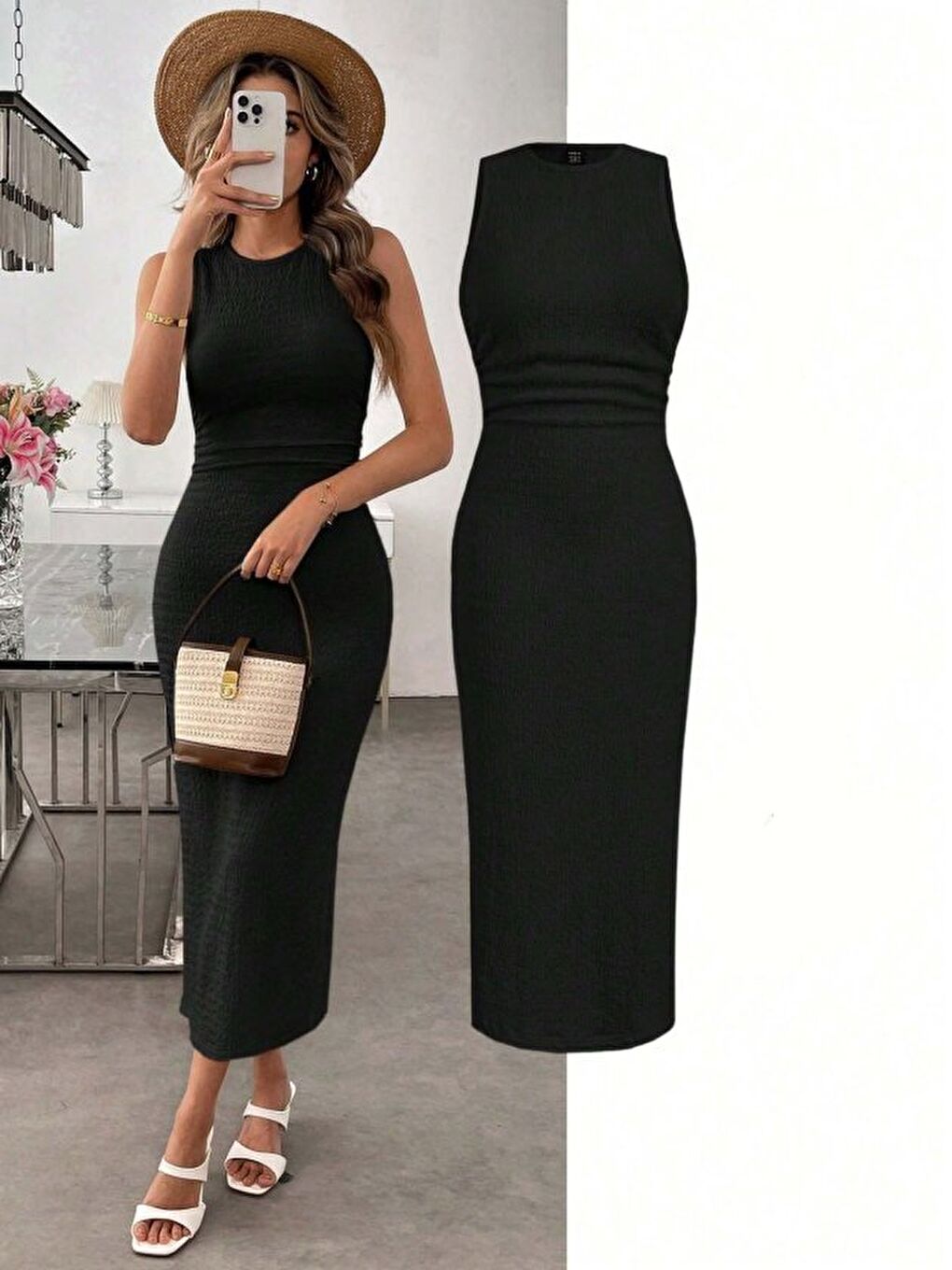 Siyah Kadın Askılı Bisiklet Yaka Beli Büzgülü Uzun Bürümcük Elbise