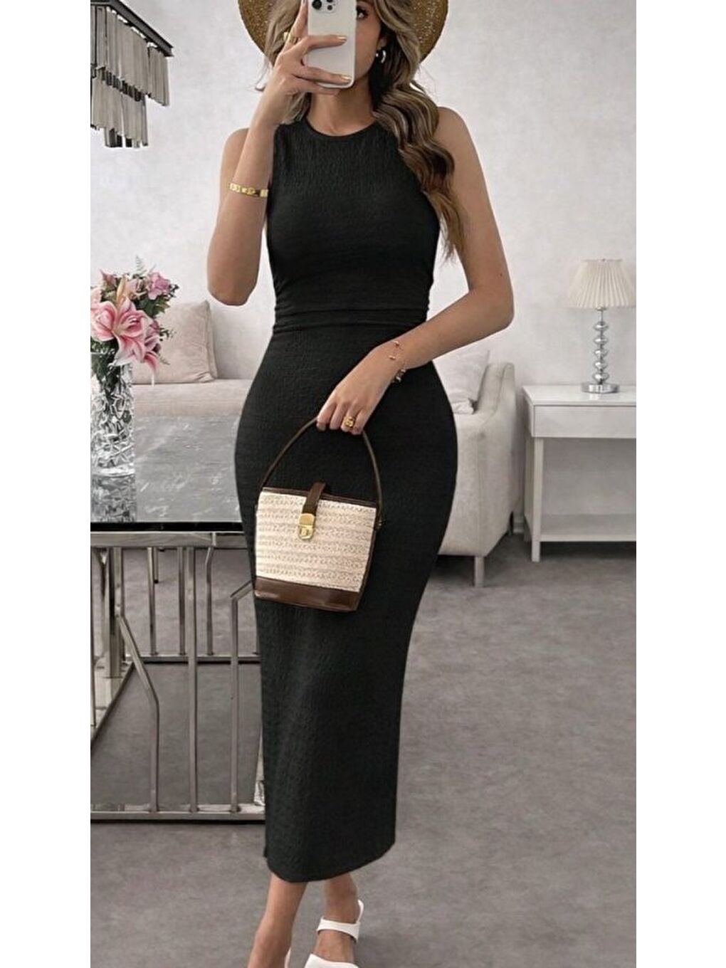 Siyah Kadın Askılı Bisiklet Yaka Beli Büzgülü Uzun Bürümcük Elbise-1