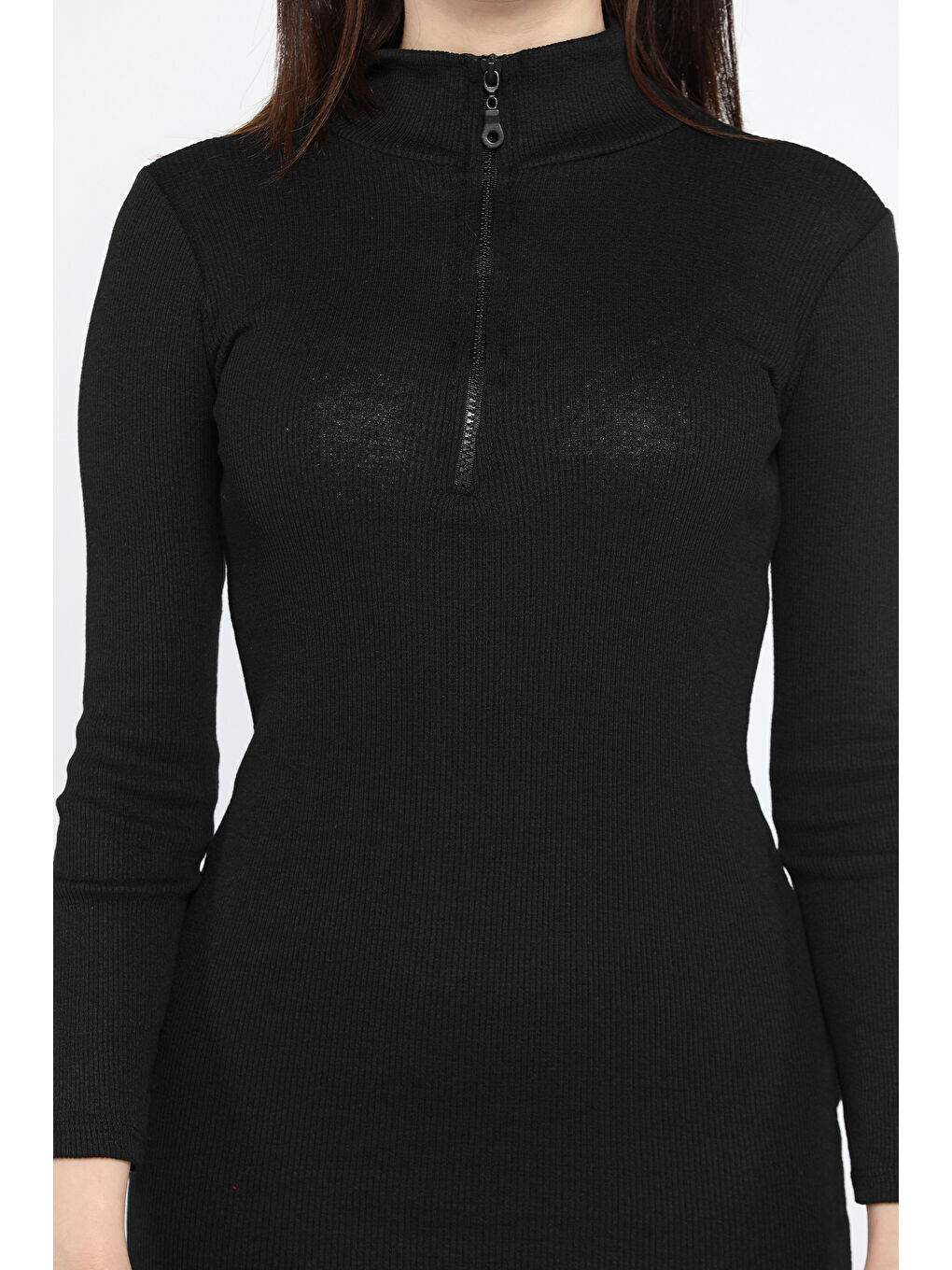 Siyah Yarım Fermuarlı Elastanlı Kadın Elbise-3