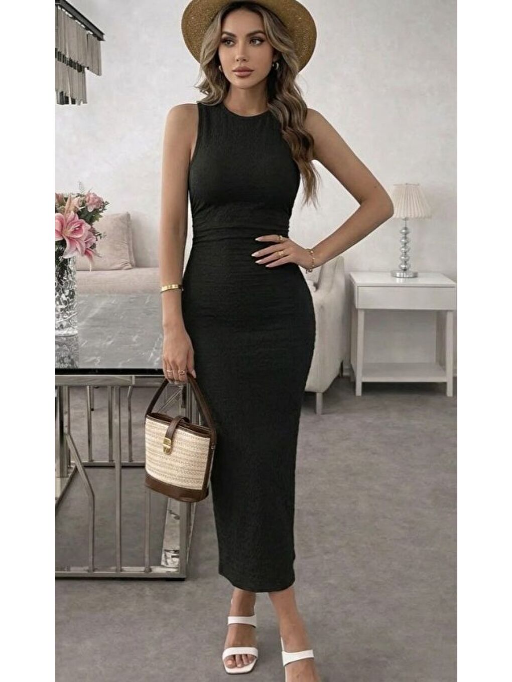 Siyah Kadın Askılı Bisiklet Yaka Beli Büzgülü Uzun Bürümcük Elbise-2