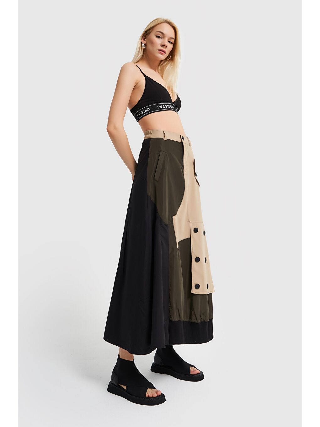 Kadın Haki Bej Parçalı Tasarım Etek-4