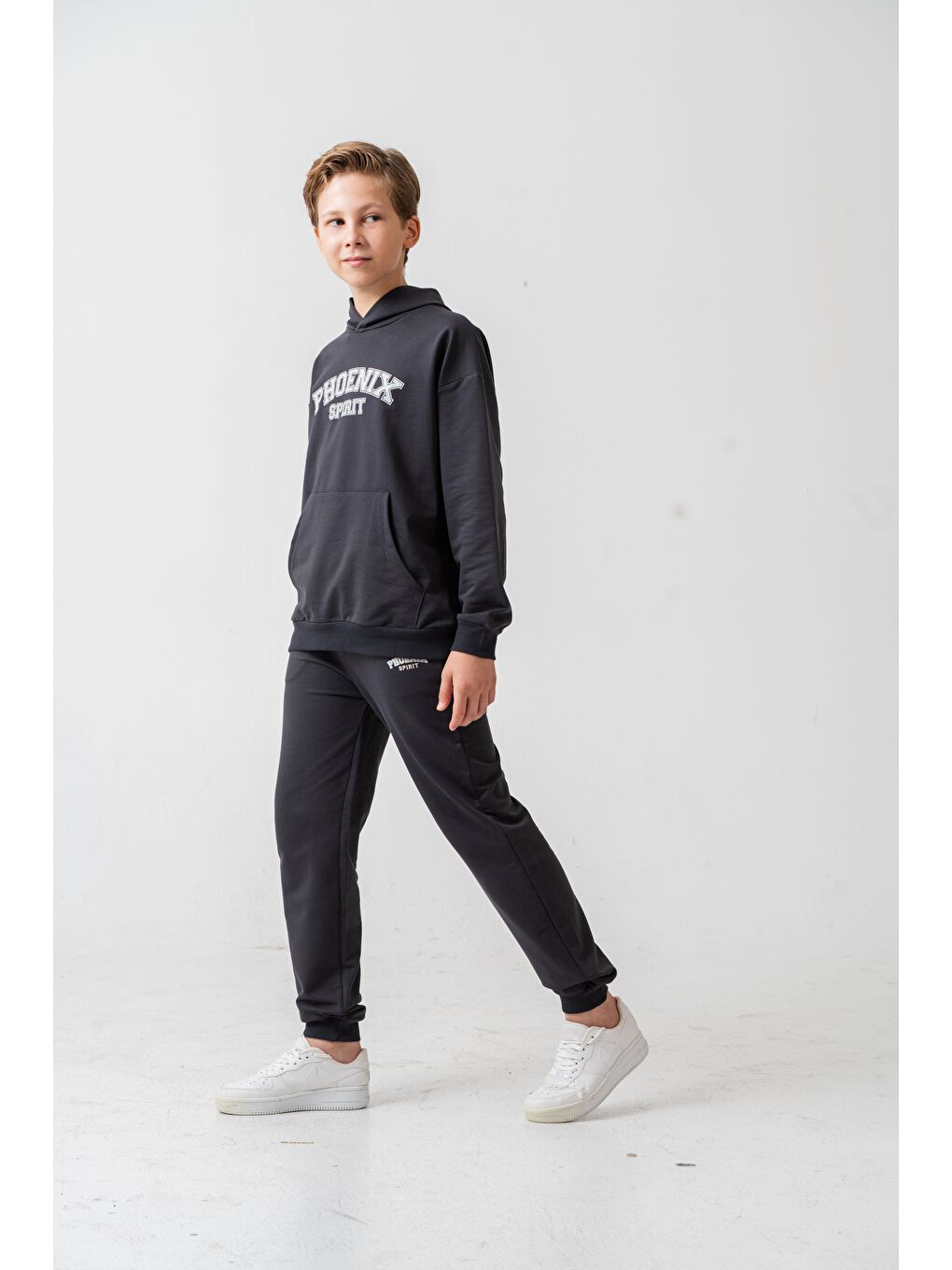 Gri Phoenix Spirit Baskılı Kanguru Cepli Erkek Çocuk Alt Üst Eşofman Takımı-2