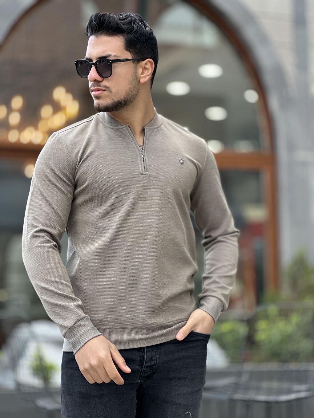 Miron Kahverengi Yarım Fermuarlı Kolej Yaka Sweatshirt Regular Fit-Kahverengi