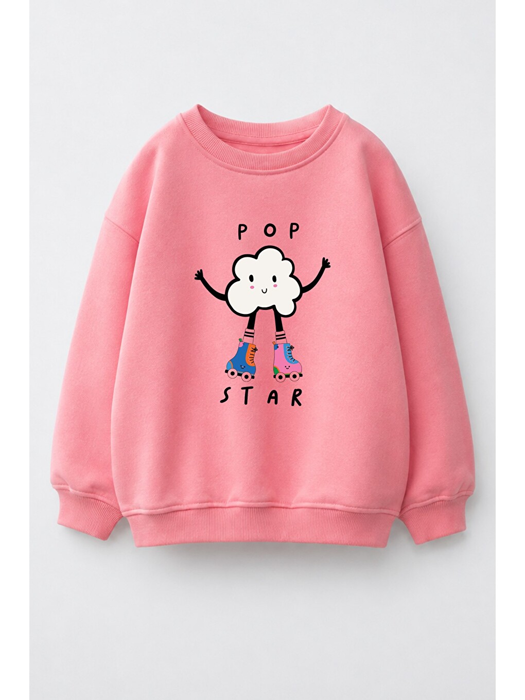 Pembe Kız Çocuk 3 İplik Kumaş Pamuklu Popcorn Baskılı Sweatshirt