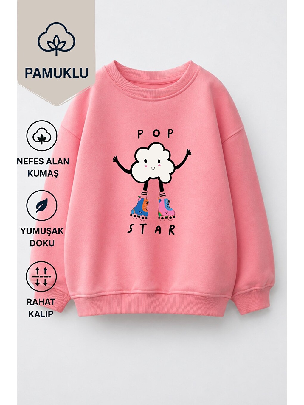 Pembe Kız Çocuk 3 İplik Kumaş Pamuklu Popcorn Baskılı Sweatshirt-1
