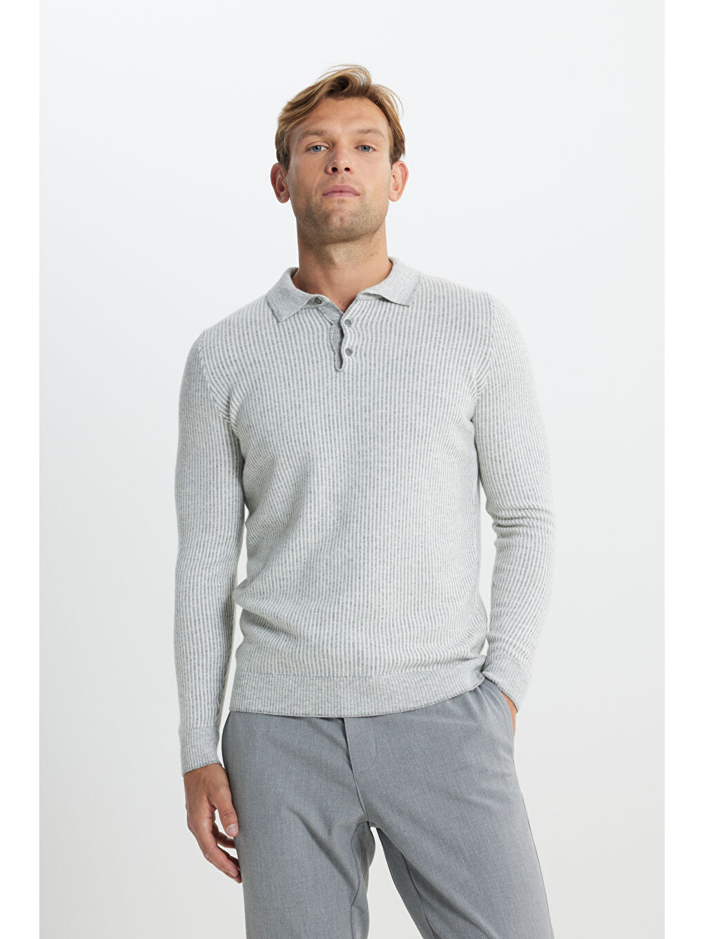 Erkek Gri Melanj Yünlü Sıcak Tutan Standart Fit Normal Kesim Çizgili Polo Yaka Triko Kazak-1