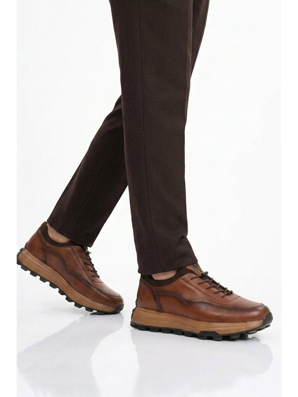 Kahverengi Taba Premium Hakiki Deri Erkek Casual Ayakkabı Memory Kalın Tabanlı Sneaker M084-2 M-1