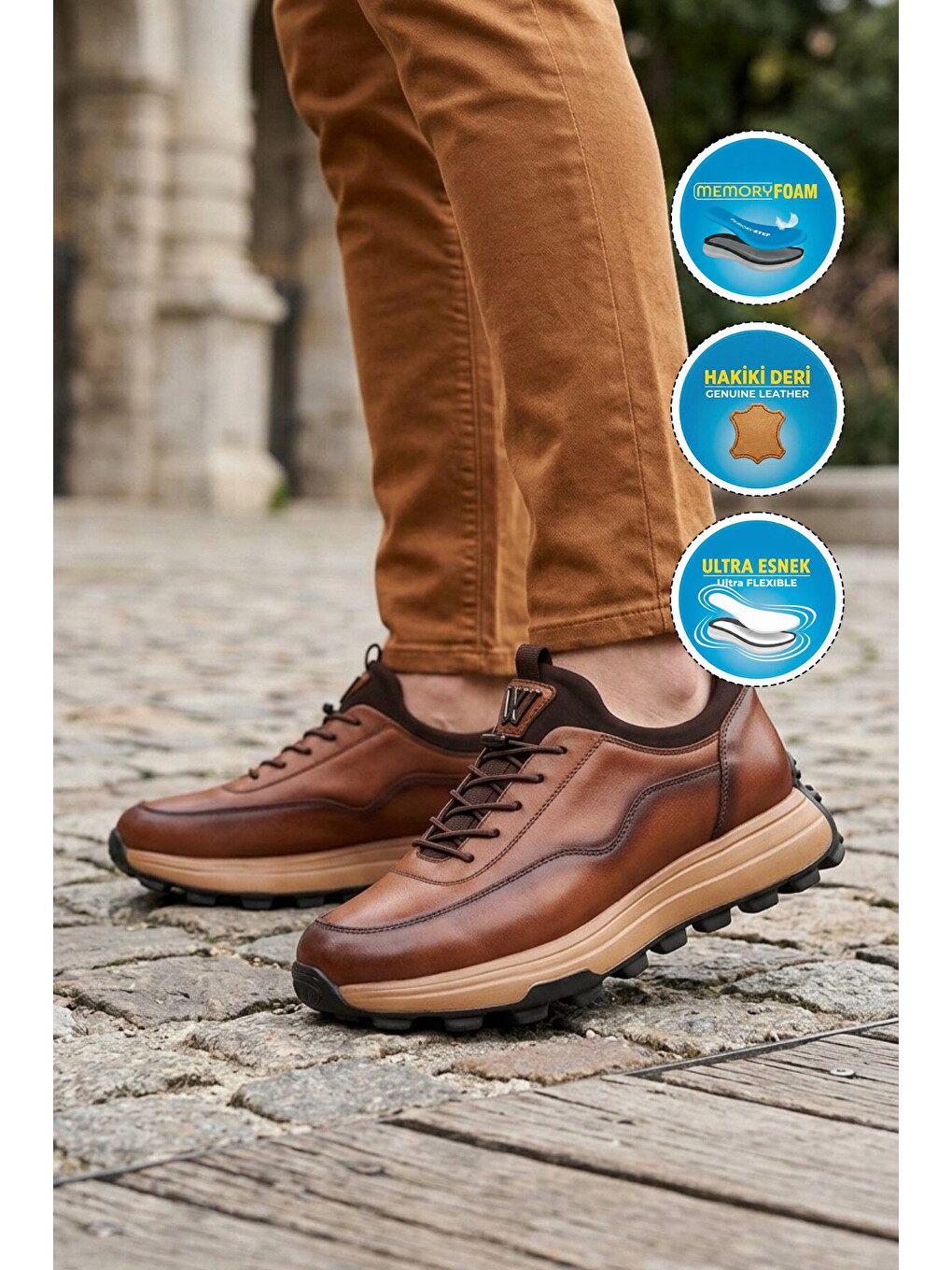 Kahverengi Taba Premium Hakiki Deri Erkek Casual Ayakkabı Memory Kalın Tabanlı Sneaker M084-2 M-2