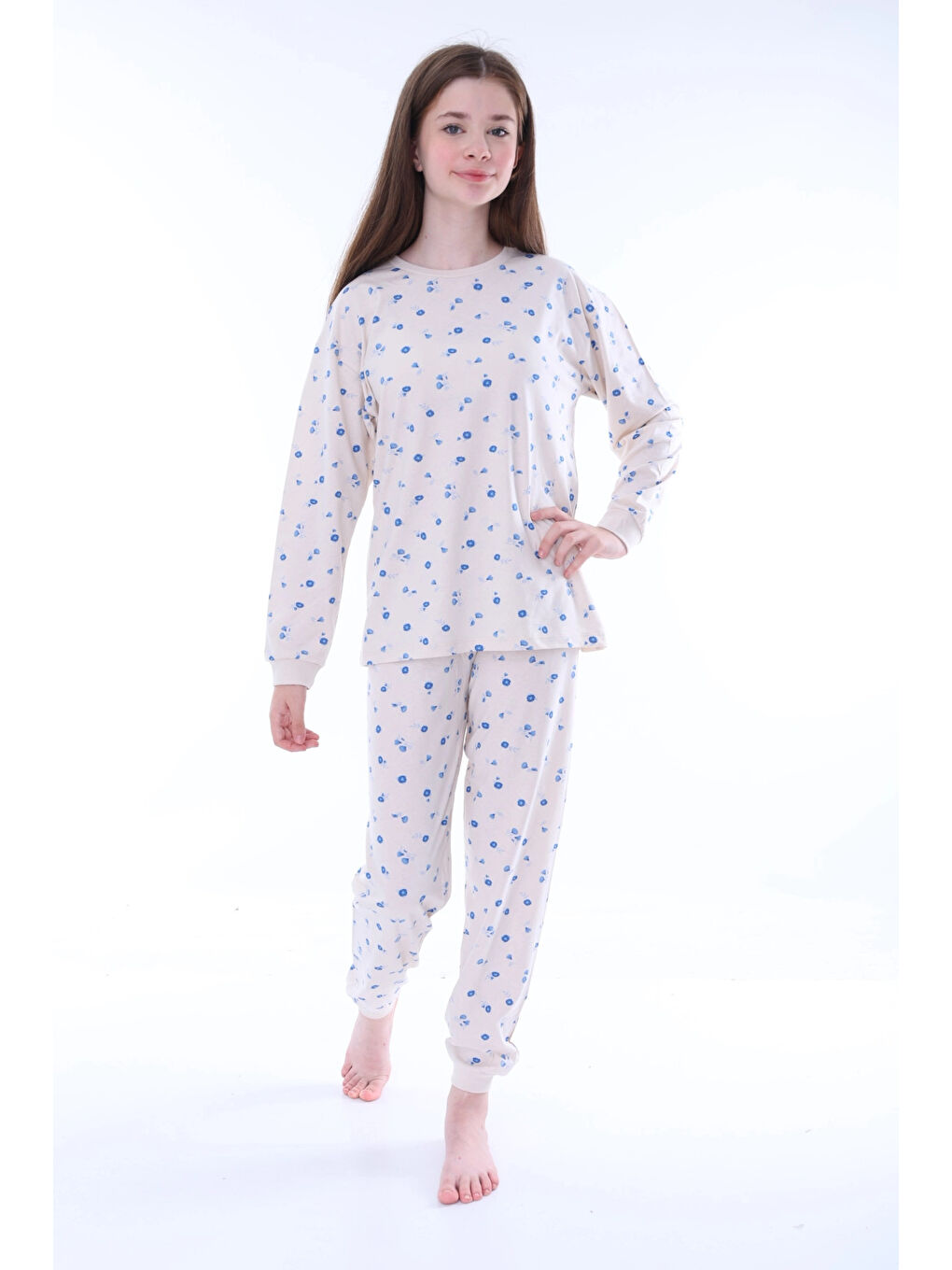 Myhanne Bej Mavi Çiçek Desenli Kız Çocuk Pijama Takımı 35204 - 1