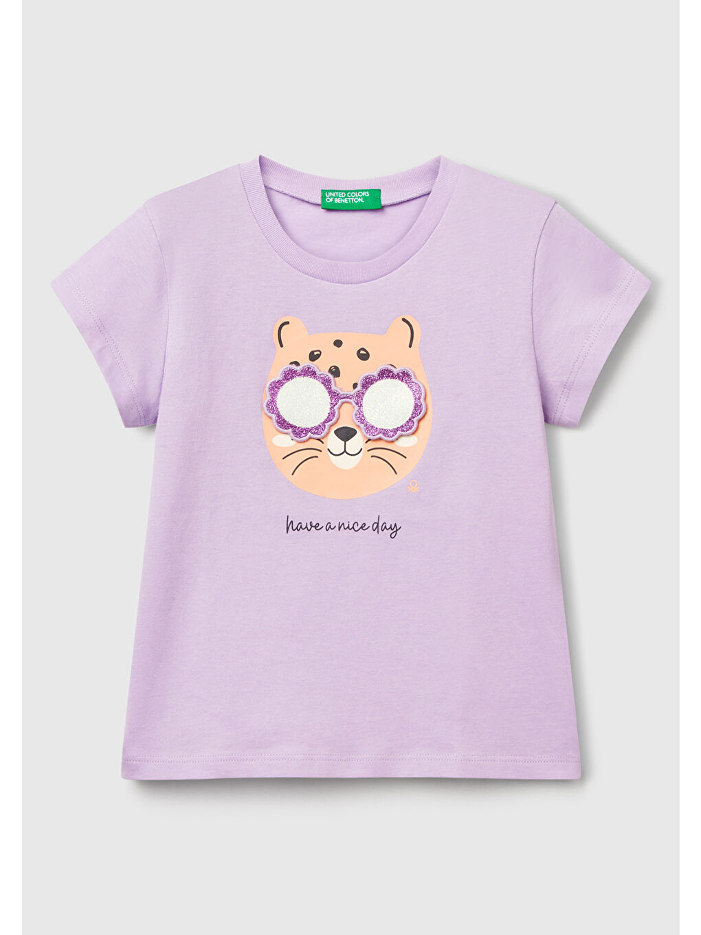 Kız Çocuk Lila Önü Baskılı Bisiklet Yaka T-Shirt