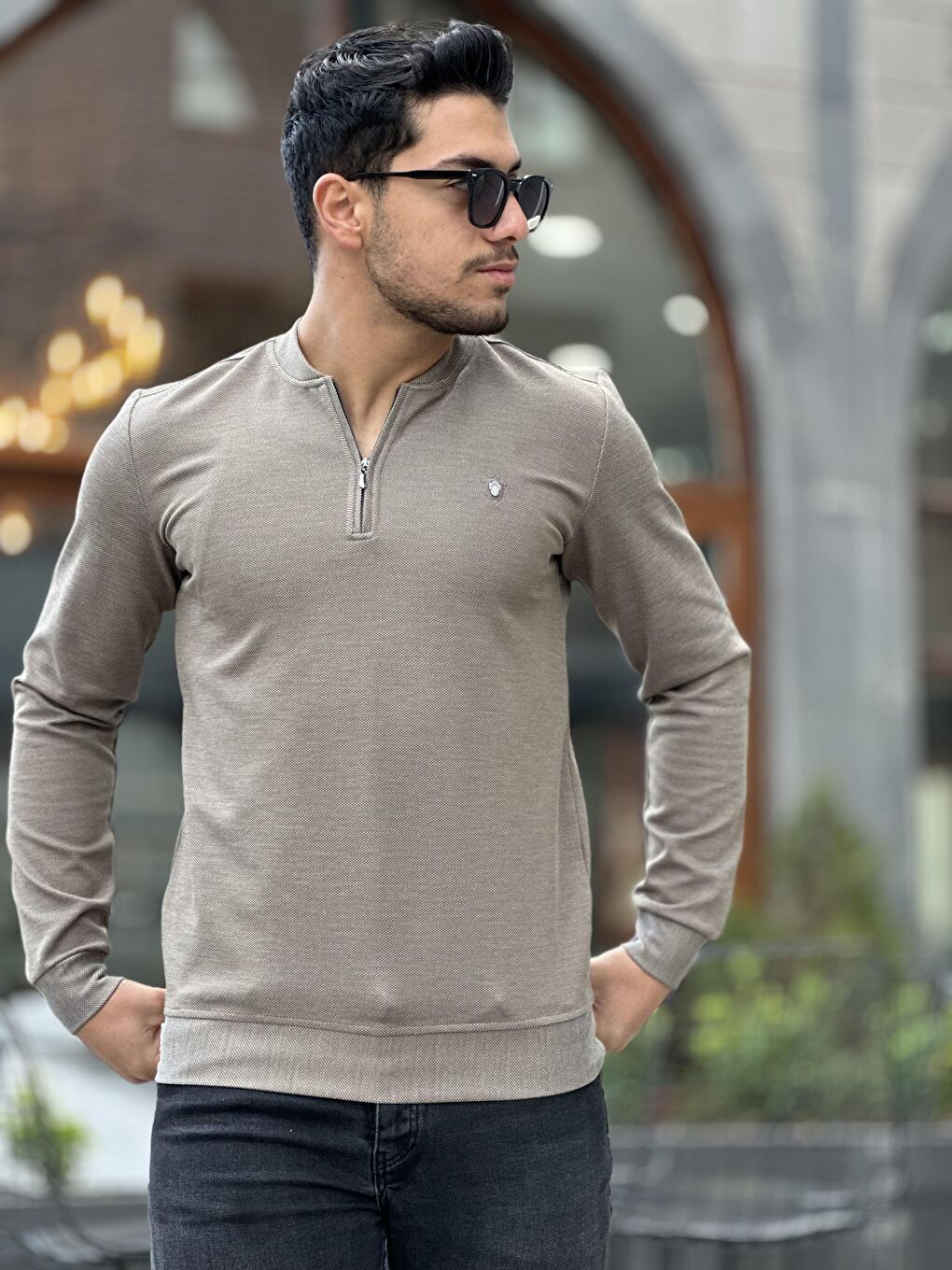 Miron Kahverengi Yarım Fermuarlı Kolej Yaka Sweatshirt Regular Fit-Kahverengi - 1