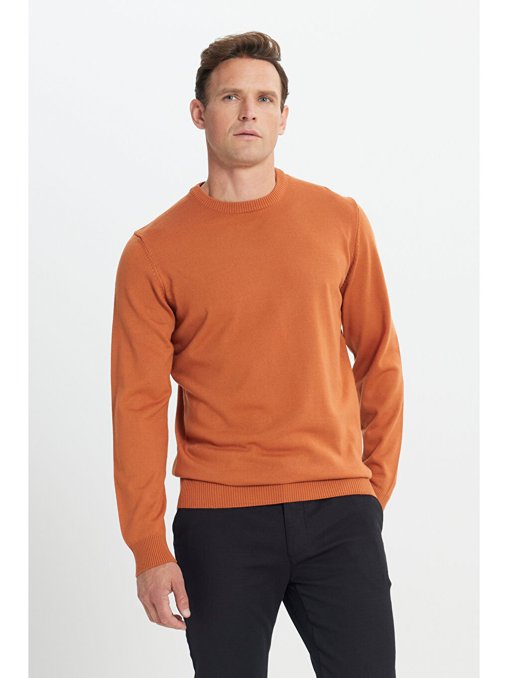 Kahverengi Erkek Kiremit Bisiklet Yaka Triko Kazak-2