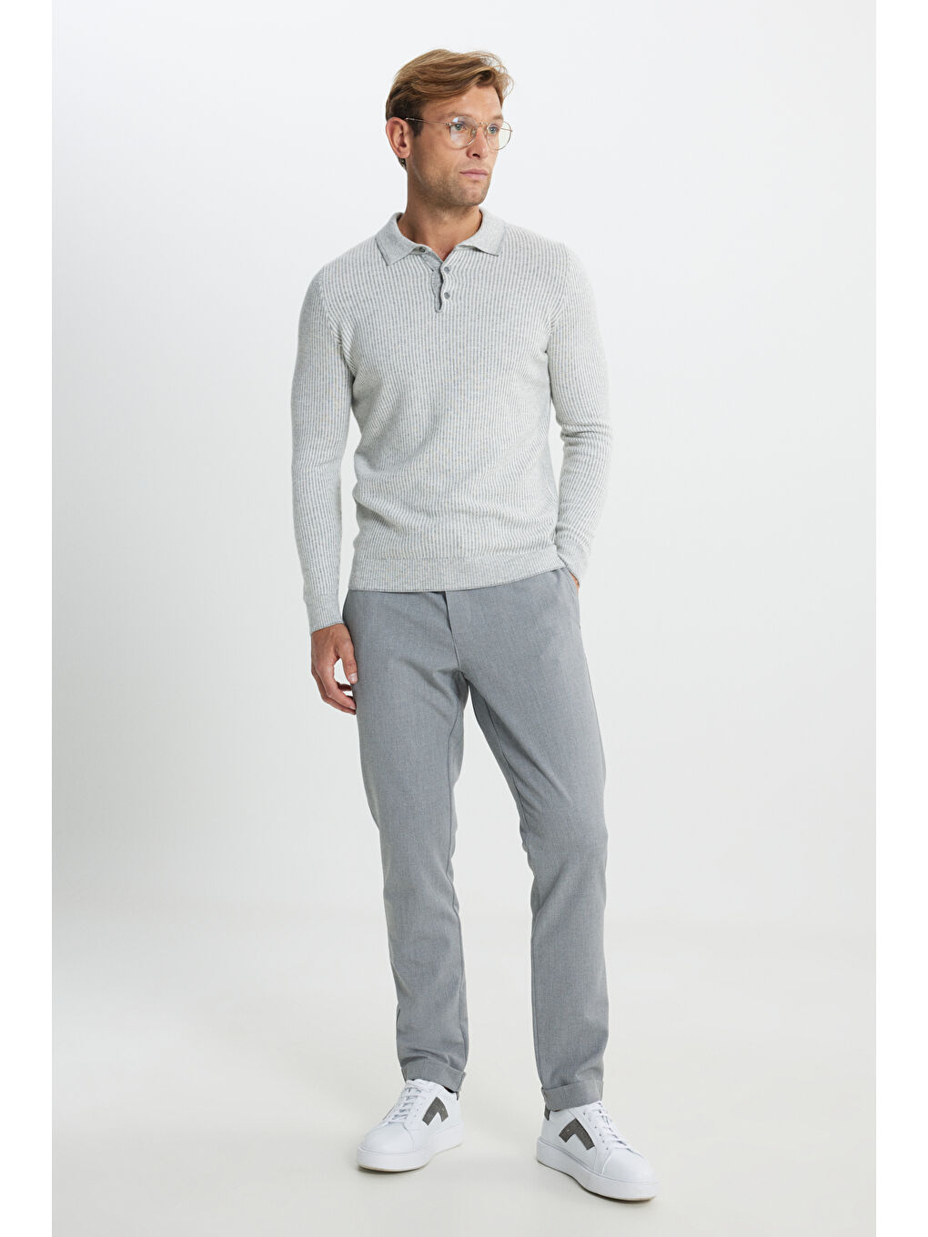 Erkek Gri Melanj Yünlü Sıcak Tutan Standart Fit Normal Kesim Çizgili Polo Yaka Triko Kazak-2