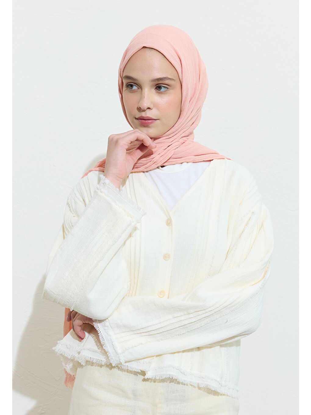 Pembe PAMUKLU KETEN ŞAL SALMON BENEDICT-3