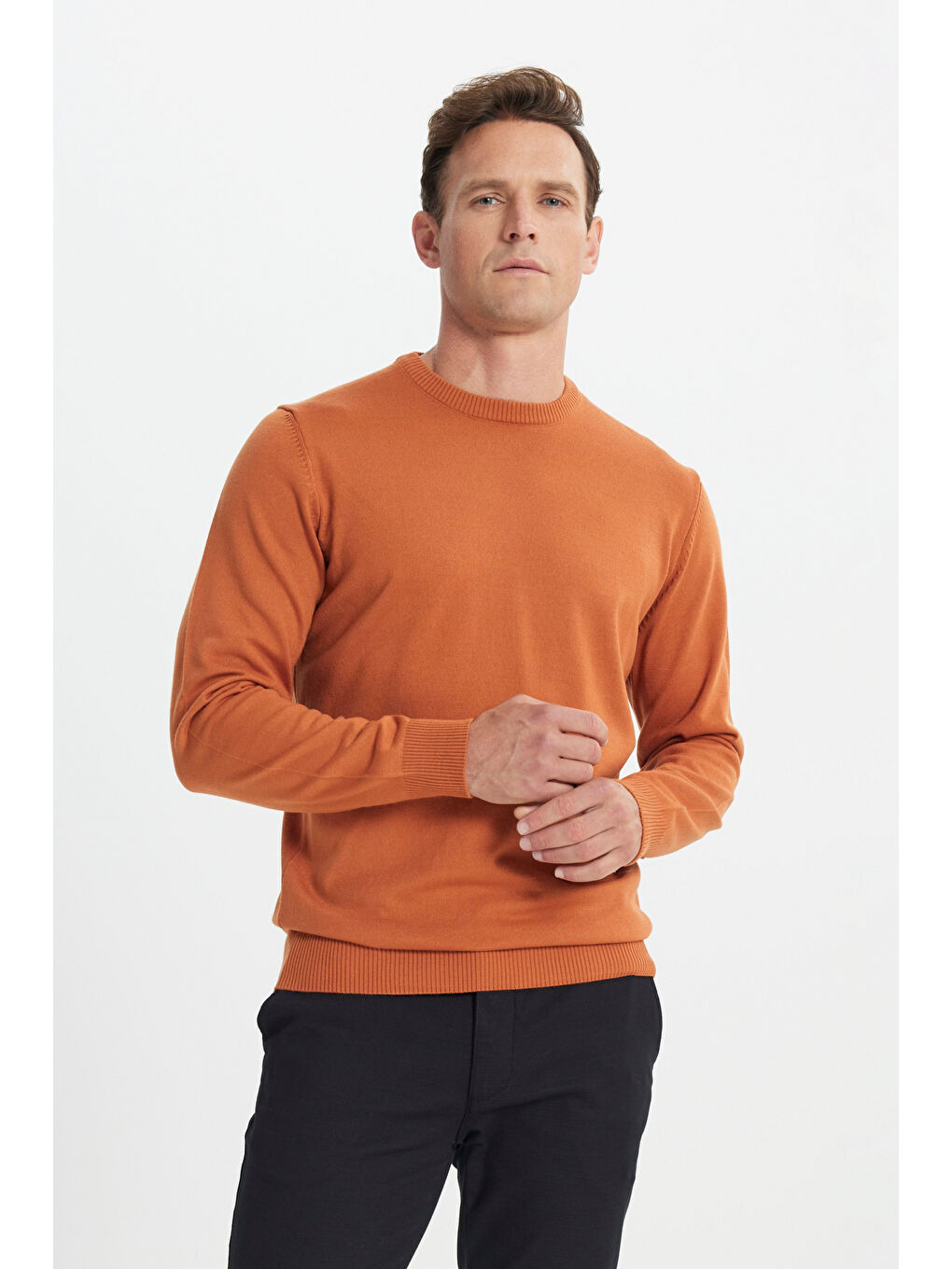 Kahverengi Erkek Kiremit Bisiklet Yaka Triko Kazak-3