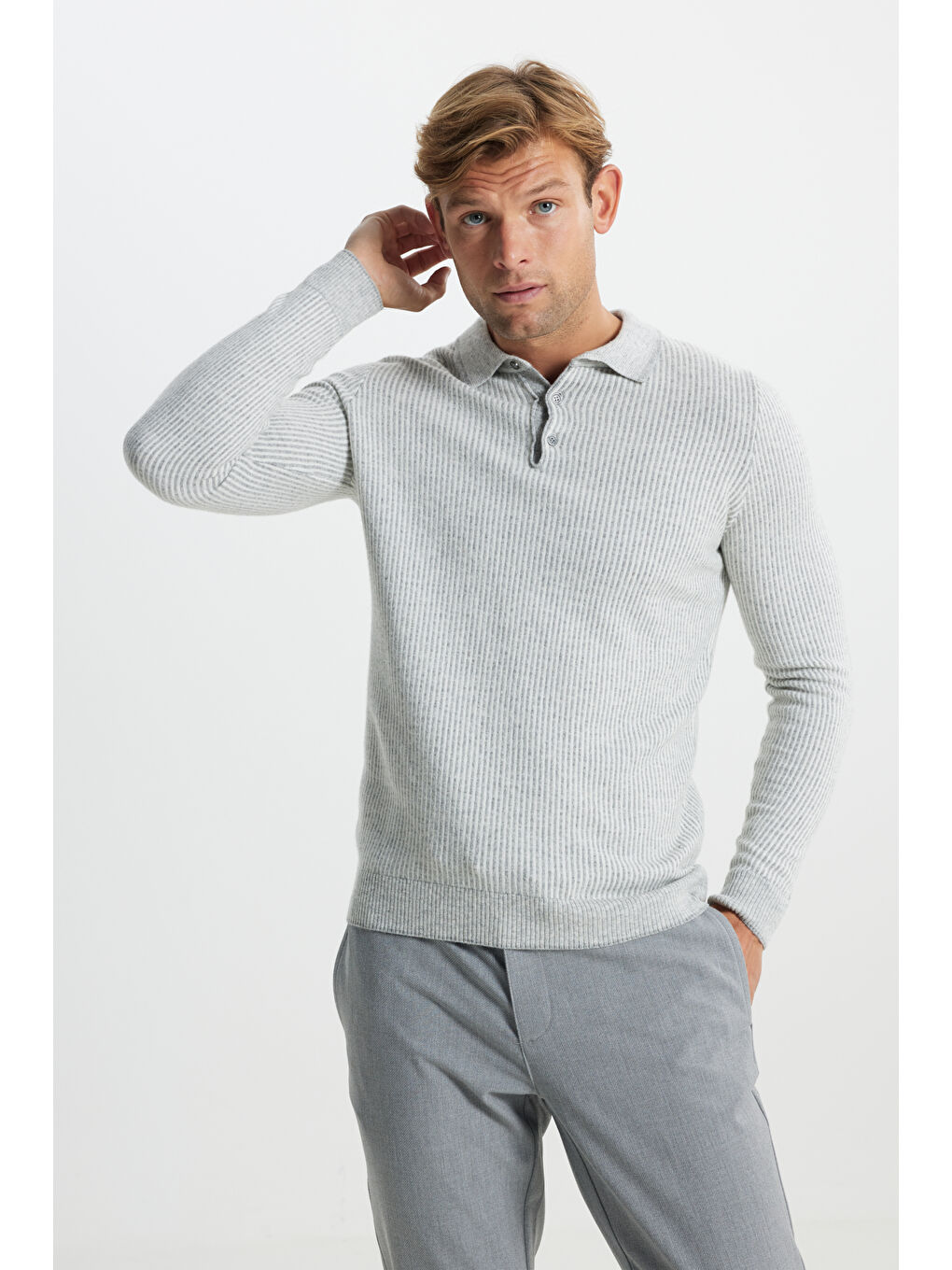 Erkek Gri Melanj Yünlü Sıcak Tutan Standart Fit Normal Kesim Çizgili Polo Yaka Triko Kazak-3