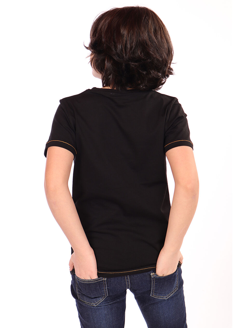 Siyah Erkek Çocuk Önü Süs Cepli Yazı Baskılı Tişört-1