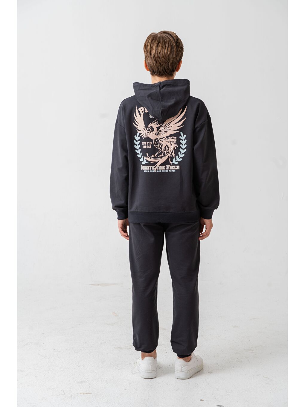 Gri Phoenix Spirit Baskılı Kanguru Cepli Erkek Çocuk Alt Üst Eşofman Takımı-4