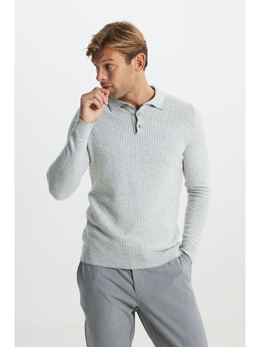 Erkek Gri Melanj Yünlü Sıcak Tutan Standart Fit Normal Kesim Çizgili Polo Yaka Triko Kazak-4