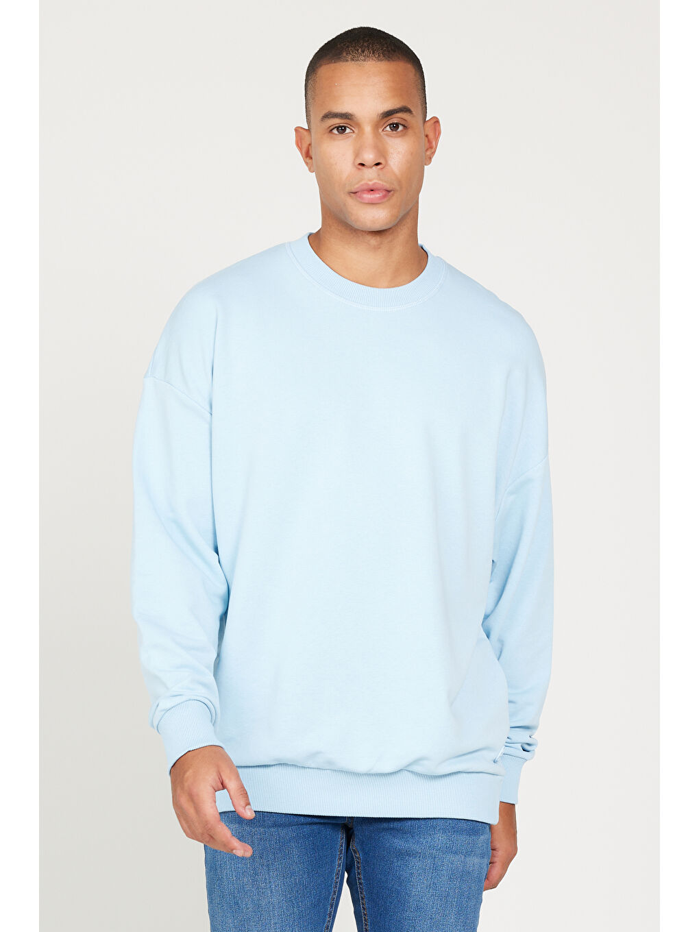 Erkek Açık Mavi Oversize Bol Kesim 3 İplik Bisiklet Yaka Pamuklu Sweatshirt