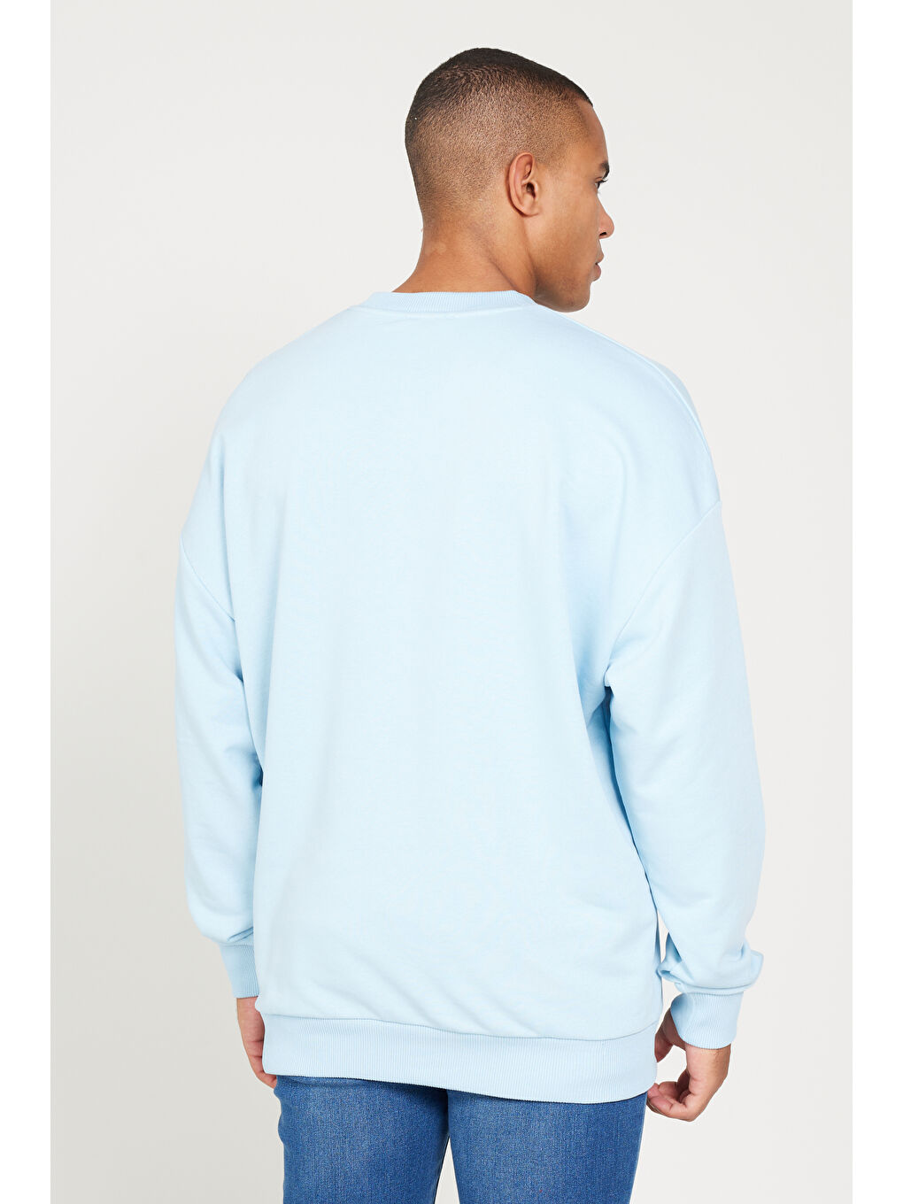 Erkek Açık Mavi Oversize Bol Kesim 3 İplik Bisiklet Yaka Pamuklu Sweatshirt-4