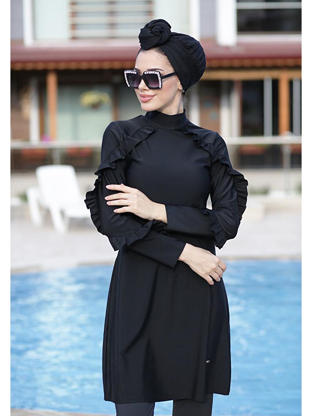 Fırfır Tasarım Likralı Tam Kapalı Tesettür Mayo 4104 Siyah