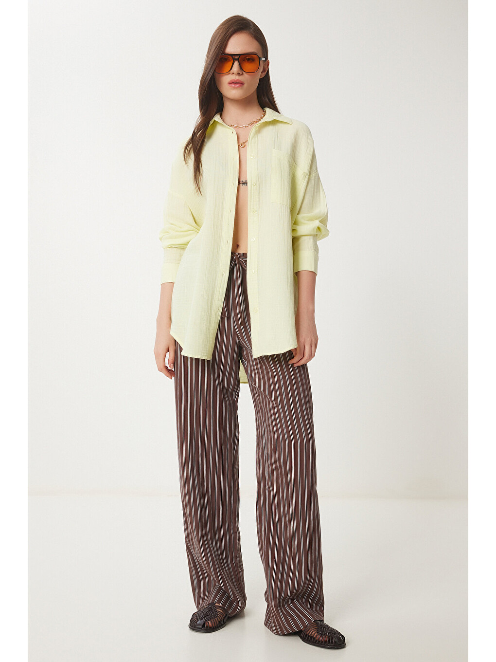 Sarı Oversize Basic Müslin Gömlek AÇIK SARI LMX0002-1