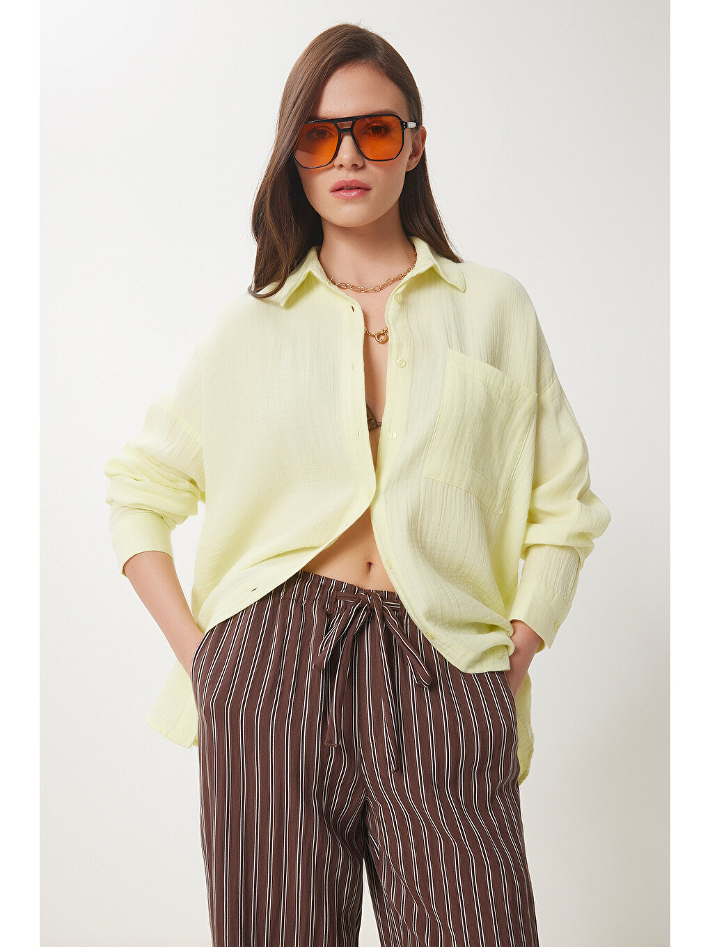 Sarı Oversize Basic Müslin Gömlek AÇIK SARI LMX0002-2
