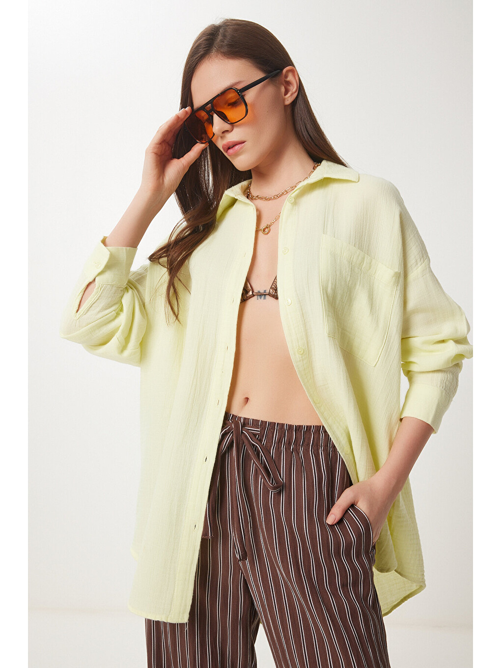 Sarı Oversize Basic Müslin Gömlek AÇIK SARI LMX0002-3