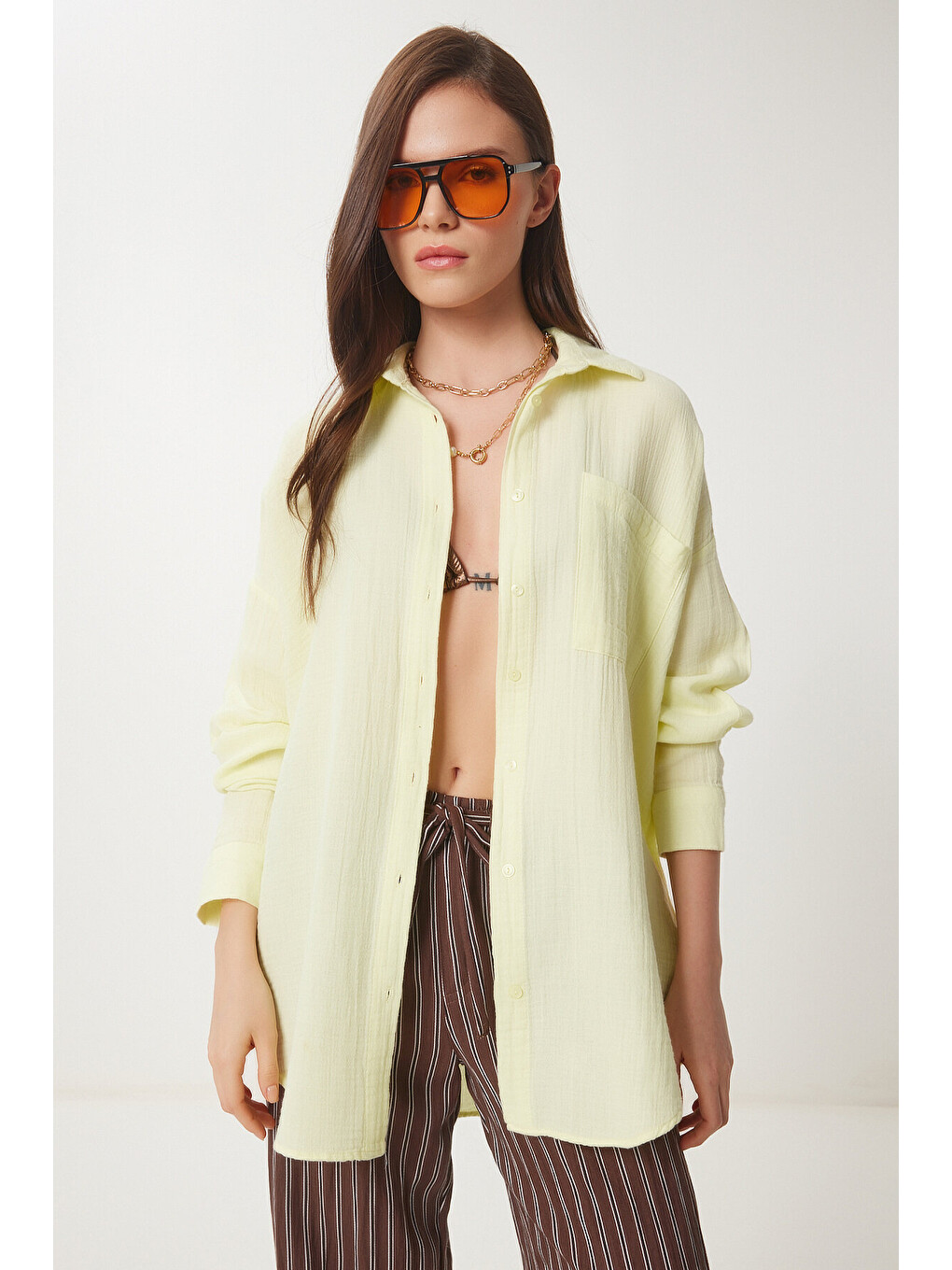 Sarı Oversize Basic Müslin Gömlek AÇIK SARI LMX0002-4