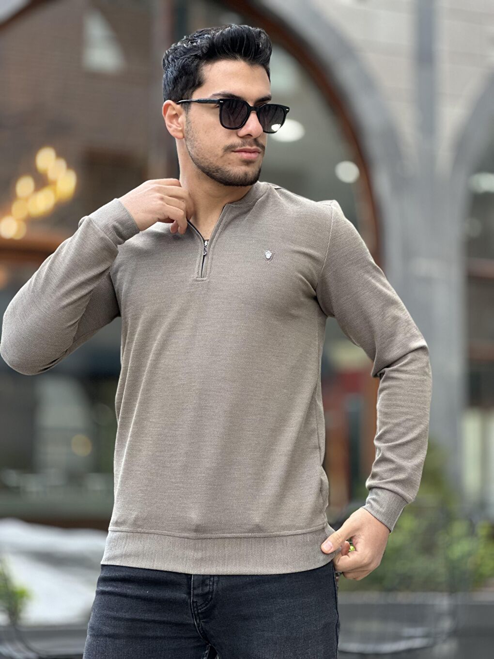 Miron Kahverengi Yarım Fermuarlı Kolej Yaka Sweatshirt Regular Fit-Kahverengi - 4