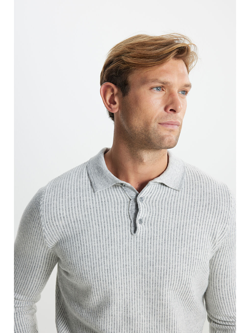 Erkek Gri Melanj Yünlü Sıcak Tutan Standart Fit Normal Kesim Çizgili Polo Yaka Triko Kazak-5