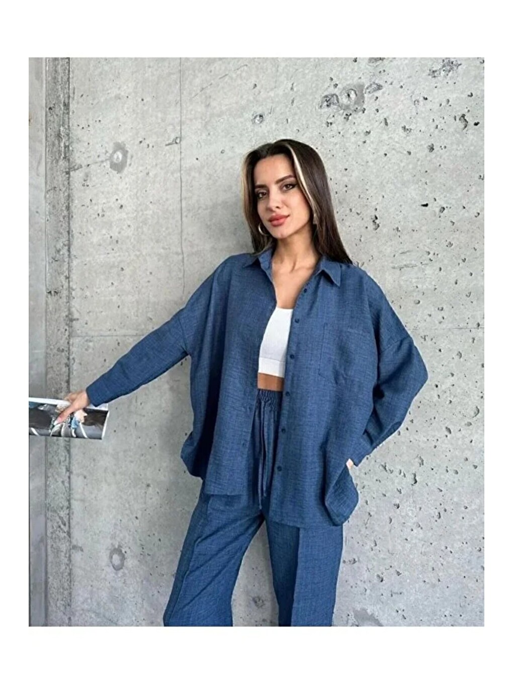 Kadın Çift Cepli Oversize Gömlek Pantolon Takım – İndigo-1